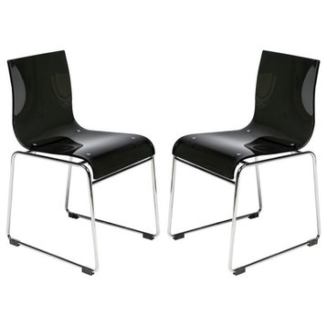 LeisureMod Lima Modern Acrylic Chrome Base Black Dining Side Chair Set of 2