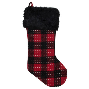 21.5" Red and Black Plaid With Dots and Faux Fur Cuff Christmas Stocking