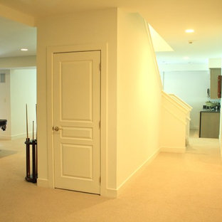 This is an example of a large classic walk-out basement in DC Metro with white walls, carpet and no fireplace.