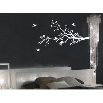 Tree Branches and Love Birds, Vinyl Sticker, 56"x28", White, Right to Left