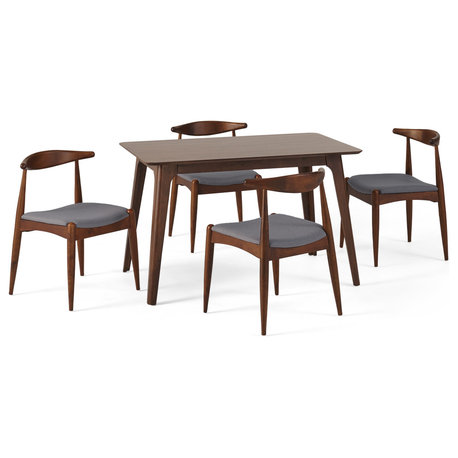 GDF Studio 5-Piece Francaise Mid Century Walnut Finish Dining Set, Charcoal