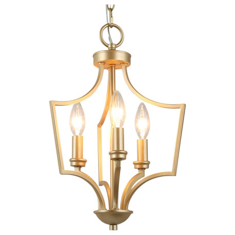 LNC Matte Gold Modern Lantern Candle-Style Chandelier, 3 Lights