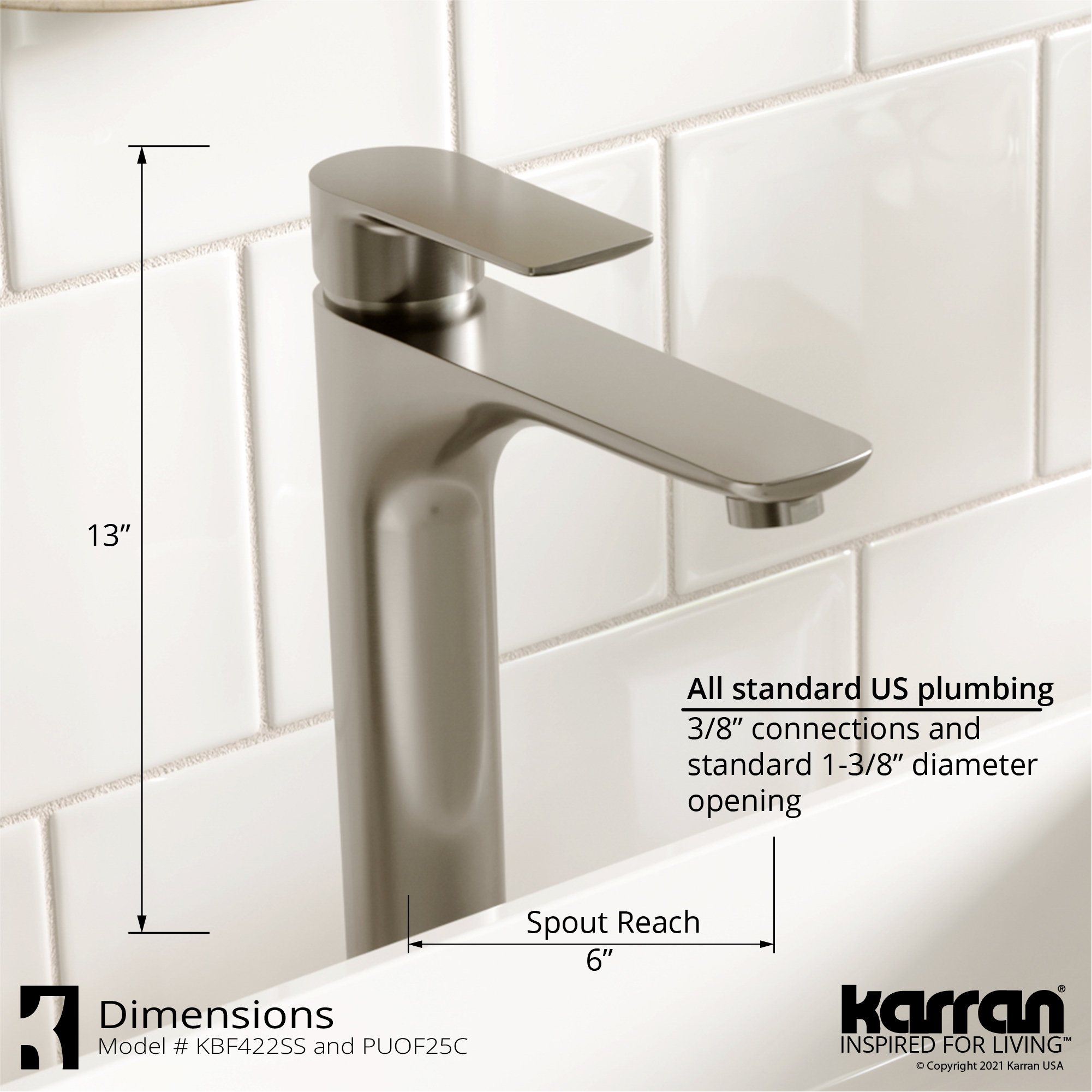 Karran White Acrylic 16" Square Vessel Sink With Faucet Kit, Stainless Steel