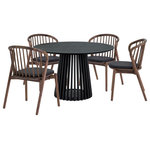 Armen Living - Pasadena Echo 5-Piece Round Dining Set, Black Oak Finish Table Walnut Chairs - Enhance your dining space with the Pasadena Echo 5 Piece Round Dining Set. This 5-piece dining set includes 1 Pasadena round dining table, and 4 Echo dining chairs with faux leather upholstery. The versatile chairs merge style and functionality, making them a perfect addition to your dining room, kitchen, or even as accent pieces throughout your home. Crafted with precision and a keen eye for detail, the Echo dining chairs showcase a stunning combination of wood and easily maintained faux leather upholstery. This modern design not only guarantees durability but also imparts a timeless aesthetic, making these chairs an ideal choice for those seeking a cohesive and refined furniture set. The Windsor style chair back and angular frame creates a timeless silhouette. The round shape of the table brings a touch of sophistication, creating a dynamic focal point for gatherings in your dining room. The compact 47-inch size makes it an ideal choice for those seeking a small dining table without compromising on style. Its versatility extends beyond the dining room, seamlessly integrating into kitchens as a modern kitchen table. The retro allure of mid-century design is present in the slatted pedestal base, further elevating its appeal, whilst lending its unmistakable character and attractive, architectural-like quality. This 5-piece dining set is available in multiple color variations including: an all-black finish table with either walnut or black finish chairs and black faux leather upholstery, or a walnut table top and black finish table with walnut chairs and black faux leather upholstery.
