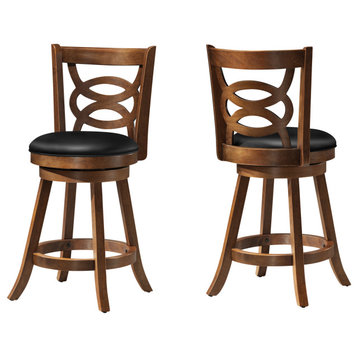 Bar Stool, Set Of 2, Swivel, Counter Height, Wood, Pu Leather Look, Brown, Black