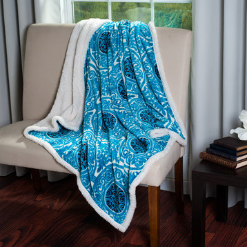 Printed Coral Fleece Sherpa Throw Blanket, Blue