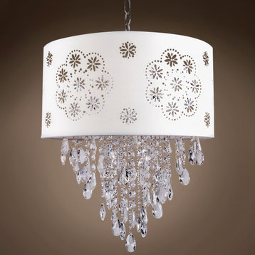1 Light White Drum Shade Pendant with Clear Swarovski Crystals Chrome