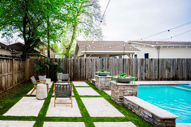 Small mid-century modern backyard stone and rectangular pool landscaping photo in Houston