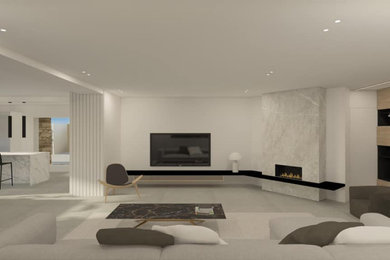 Ispirazione per un soggiorno minimalista stile loft con pareti bianche, camino lineare Ribbon, cornice del camino in intonaco, TV a parete, pavimento grigio e boiserie
