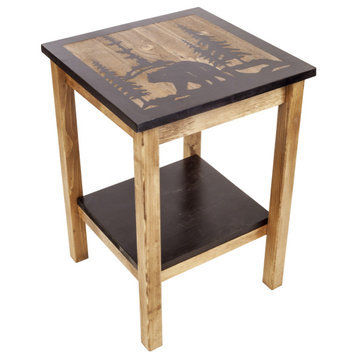 Stained and Black Square End Table With Bear Scene