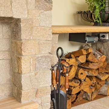 Sandstone Fireplace, Travertine Flooring