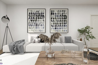 Imagen de salón abierto y gris y blanco minimalista de tamaño medio con paredes blancas, suelo de madera clara y televisor colgado en la pared
