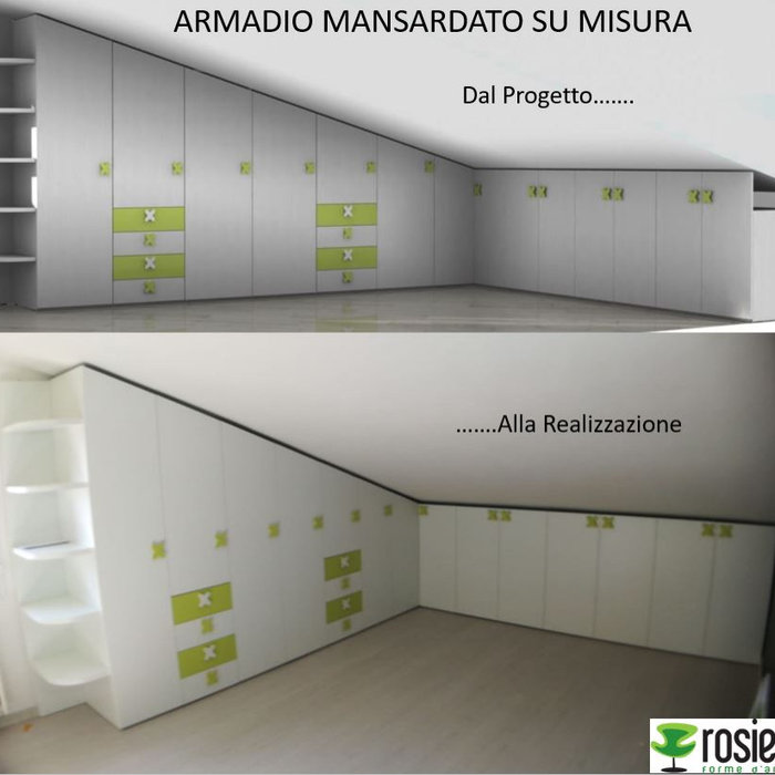 Soluzione di arredamento per mansarde: armadi su misura installati nelle zone più basse per ottimizzare lo spazio.