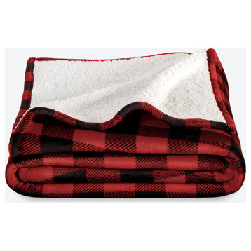 Fleece Sherpa Blanket, Buffalo Plaid Red/Black, Throw