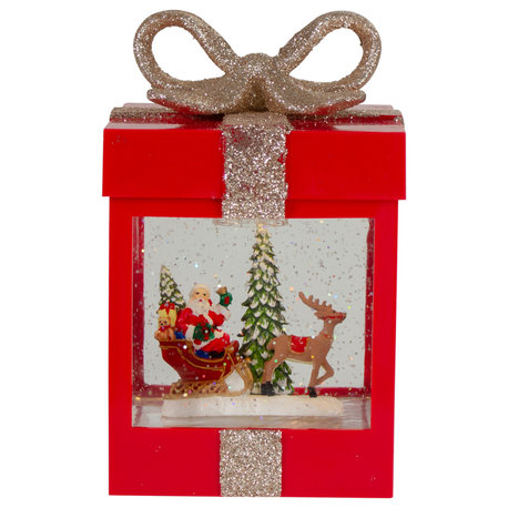 7" Lighted Red Gift Box Christmas Snow Globe With Santa and Reindeer