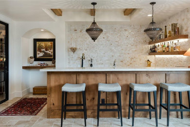 Inspiration for a l-shaped travertine floor and gray floor eat-in kitchen remodel in Denver with marble countertops, gray backsplash, terra-cotta backsplash, an island and white countertops