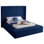 Meridian Furniture - Kiki Velvet Bed, Navy, King - Make a bold statement in your bedroom with this stunning Kiki navy velvet king bed. Its navy velvet design with channel tufting gives it a chic, textured appearance that's both comfortable and dramatic. This king size bed features storage rails along its full slats frame, making it the perfect solution for individuals in limited sleeping spaces. Its width of 104 inches, depth of 99 inches, and height of 65 inches offers ample room to sleep without being cramped.