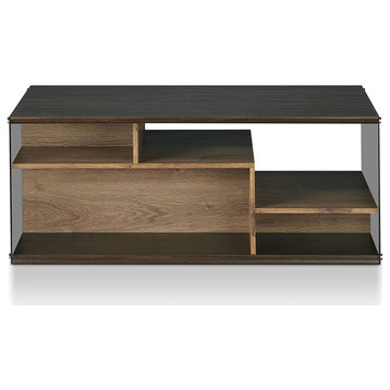 Contemporary Coffee Table, Side Glass Panels and Multiple Open Shelves, Wenge
