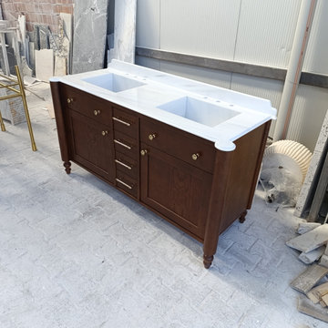 Custom Carrara White Marble Double Vanity with Walnut Cabinet