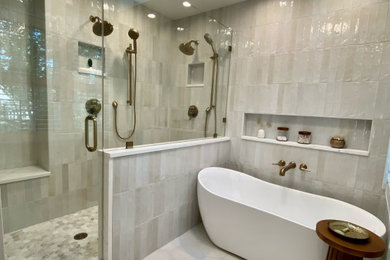 Large master white tile and ceramic tile ceramic tile and white floor bathroom photo in Chicago with a hinged shower door and a niche