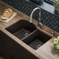 Karran Undermount Quartz 32" 60/40 Double Bowl Kitchen Sink Kit, Brown