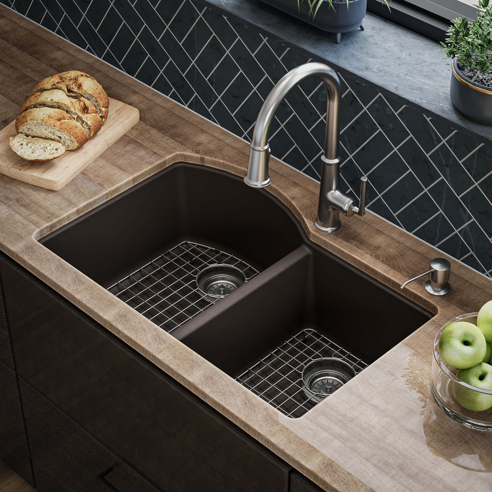 Karran Undermount Quartz 32" 60/40 Double Bowl Kitchen Sink Kit, Brown