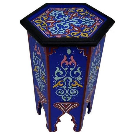 Small Moroccan Hexagonal Hand Painted Wooden Side Table, Majorelle Blue Zouak