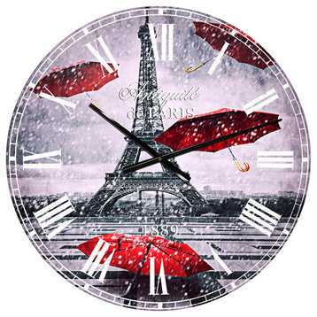 Flying Umbrella With Eiffel Tower Cityscapes Metal Clock, 23x23