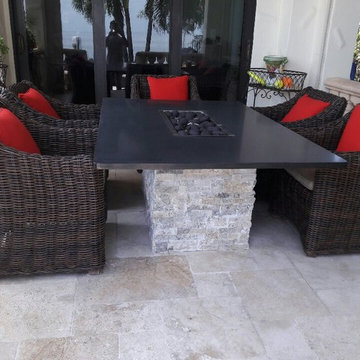 Travertine Fire Table with River Rock