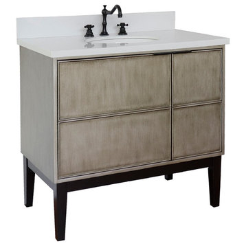 37" Single Vanity, Linen Brown Finish With White Quartz Top And Oval Sink