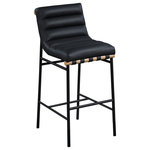 Meridian Furniture - Burke Faux Leather Bar Stool, Black, Vegan Leather - Kick back and relax with a drink in your hand with this Burke black vegan leather counter stool. Featuring soft black vegan leather upholstery and black vegan leather straps, this counter stool is cozy and stylish. Its matte black metal frame provides sturdy support so you can enjoy this stool for years to come. A white oak veneer metal dowel is tucked firmly in place beneath the front of the stool, providing extra support and added style.