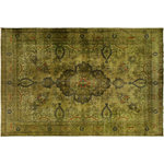 Bareens Designer Rugs - Antique Vintage Distressed Zetta Green/Gray Wool Rug  - 9'8" x 12'7" - A mesmerizing addition to any decor, this brand-new hand knotted vintage wool rug featuring vibrant colors and a traditional design is made by skilled artisans capable of creating the most exceptional Persian knotted rugs. Harnessing the natural energy of the sun, each rug is organically neutralized from its original color, distressed and then saturated in an infusion of a bold vibrant color pallet to give it a fresh perspective and modern appeal. This masterpiece draws its inspiration from traditional and timeless rug designs, which provides both harmony and contrast bringing a phenomenal twist in any decor. An intricate design and exquisite coloration make this wool rug a standout piece for any room.
