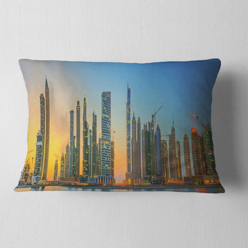 Business Bay and Downtown Dubai Cityscape Throw Pillow, 12"x20"