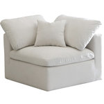 Meridian Furniture - Plush Velvet / Down Standard Comfort Modular Chair, Cream, Corner Chair - No matter how big or little the size of your gang, they can all find their sweet spot when you choose pieces from the Plush collection to build your ideal seating group. Choose this individual Plush piece or pair multiple pieces together to get the custom look everyone will love. The soft cream velvet material is soft and welcoming to the touch, and the set's cushions are overstuffed with a down and feather blend to provide ample support for tired bodies.