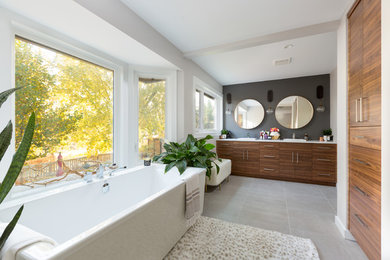 Inspiration for a large contemporary master bathroom in Other with flat-panel cabinets, medium wood cabinets, an alcove shower, white tile, white walls, ceramic floors, a vessel sink, quartzite benchtops, grey floor and an open shower.