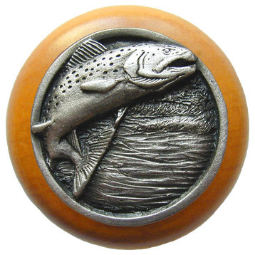 Leaping Trout Wood Knob, Antique Brass, Maple Wood Finish, Antique Pewter