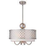 Livex Lighting - Livex Lighting Arabesque Light Pendant Chandelier, Brushed Nickel - Our Arabesque four light pendant with down light will add refined style and a hint of mystery to your decor. The off-white fabric hardback shade creates a warm illumination, while the light brings to life the intricate brushed nickel cutout pattern.