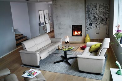 Large minimalist formal and enclosed light wood floor and beige floor living room photo in Milwaukee with gray walls, a standard fireplace, a concrete fireplace and no tv
