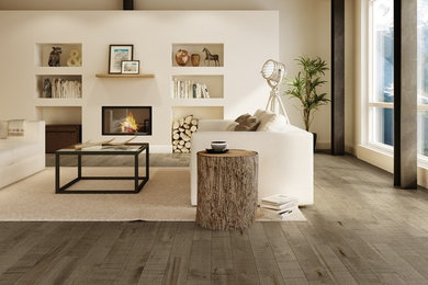 Inspiration for a contemporary open concept light wood floor living room remodel in Minneapolis with beige walls, a ribbon fireplace, a plaster fireplace and a wall-mounted tv