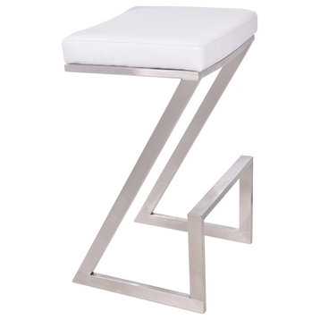 Olan 26" Backless Counterstool, Brushed Stainless Steel With White Faux Leather