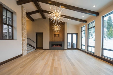 Living room - large modern open concept light wood floor and beige floor living room idea in Other with white walls, a standard fireplace, a stone fireplace and a wall-mounted tv