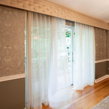 Dining Room with Custom Tufted Upholstered Cornice with a Custom Drapes