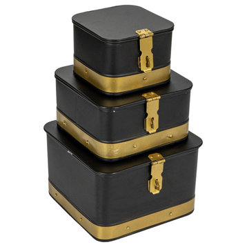 Decorative Metal Boxes With Lid, Black With Gold Band, Set of 3