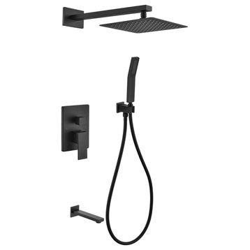 Aqua Piazza Set, 12" Square Rain Shower, Handheld and Tub Filler, Matte Black