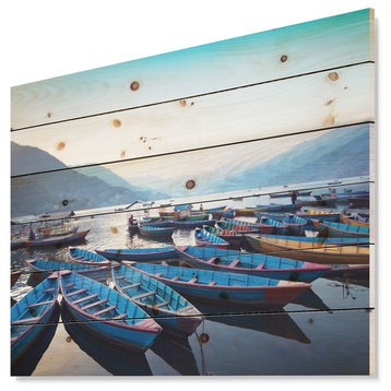 Designart Blue Wooden Boats Lake Boat Wood Wall Art 46x36