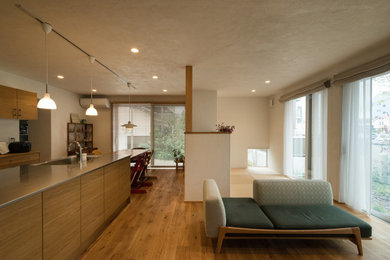 Immagine di un soggiorno con pareti bianche e pavimento in legno massello medio