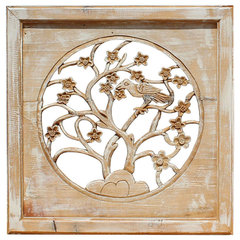 Off White Wash Lacquer Chinese Birds & Flowers Square Wall Panel cs4004S Off White Wash Lacquer Chinese Birds & Flowers Square Wall Panel cs4004S