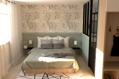 Cette photo montre une chambre parentale tendance de taille moyenne avec un mur vert, sol en stratifié, aucune cheminée, un sol beige et du papier peint.