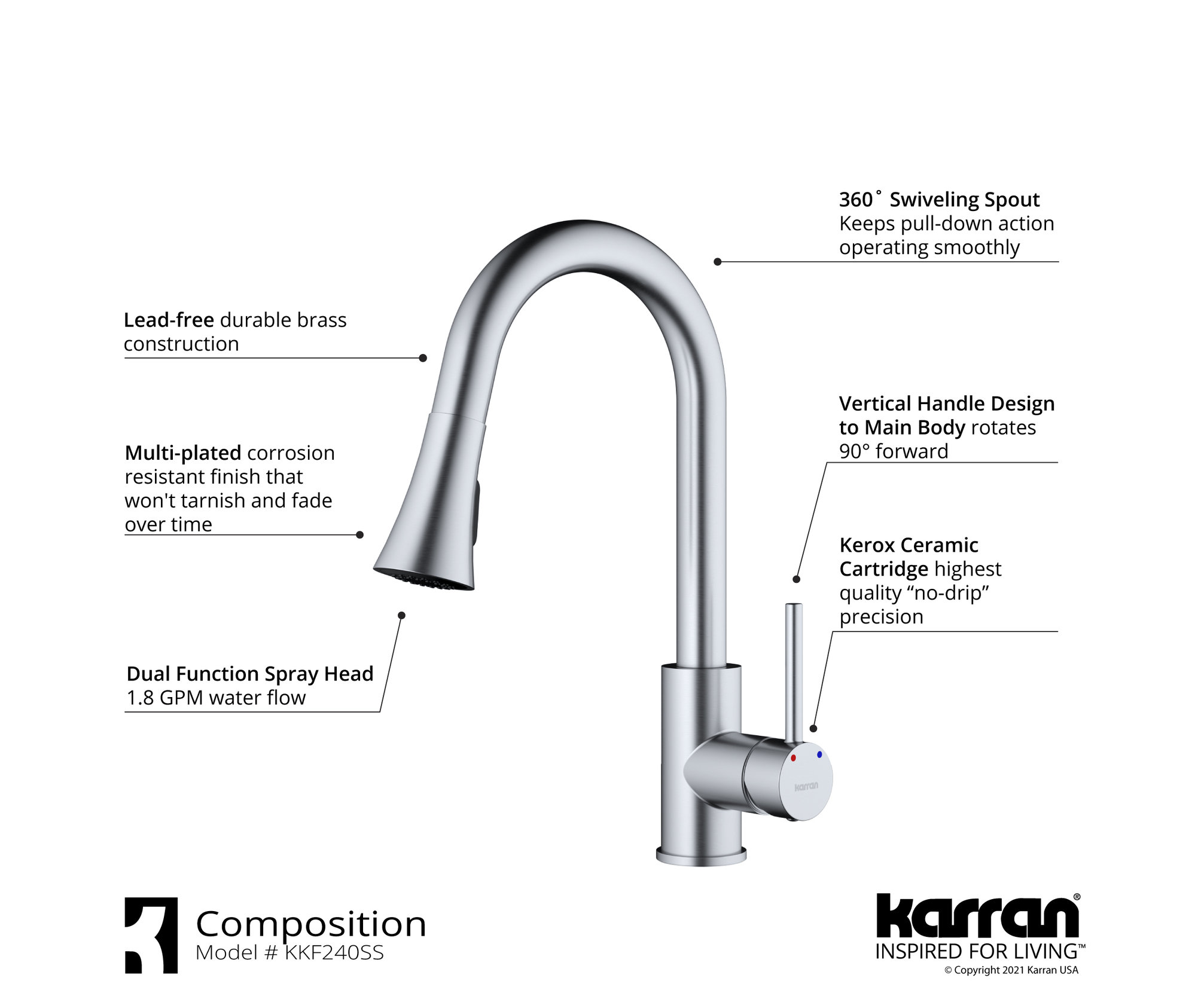 Karran 1-Handle Pull-Down Kitchen Faucet With Soap Dispenser, Stainless Steel