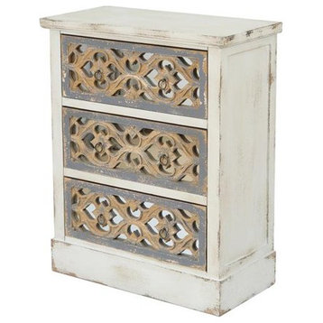 Rustic End Table, 3 Drawers With Carved Front & Glass Insert, Off White/Natural